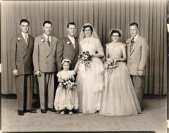 Eldon and Diana Olstad wedding 1950s with brothers and sisters and grooms man and brides maid.